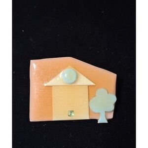 Lucinda House Pins Brooch Vintage Art Pottery Cottage Tree Peach Pastel Maine